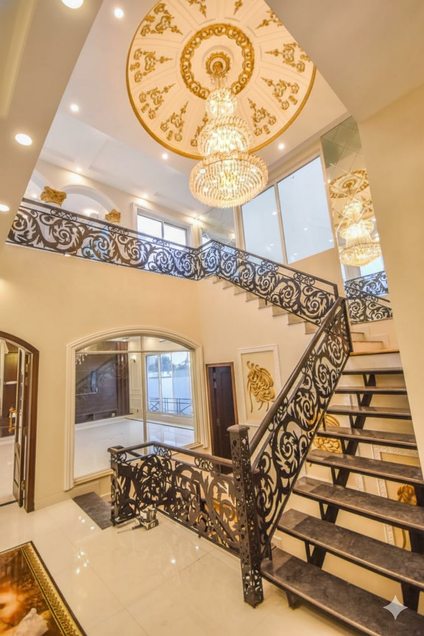 Grand Scrollwork Staircase in a Luxury Foyer